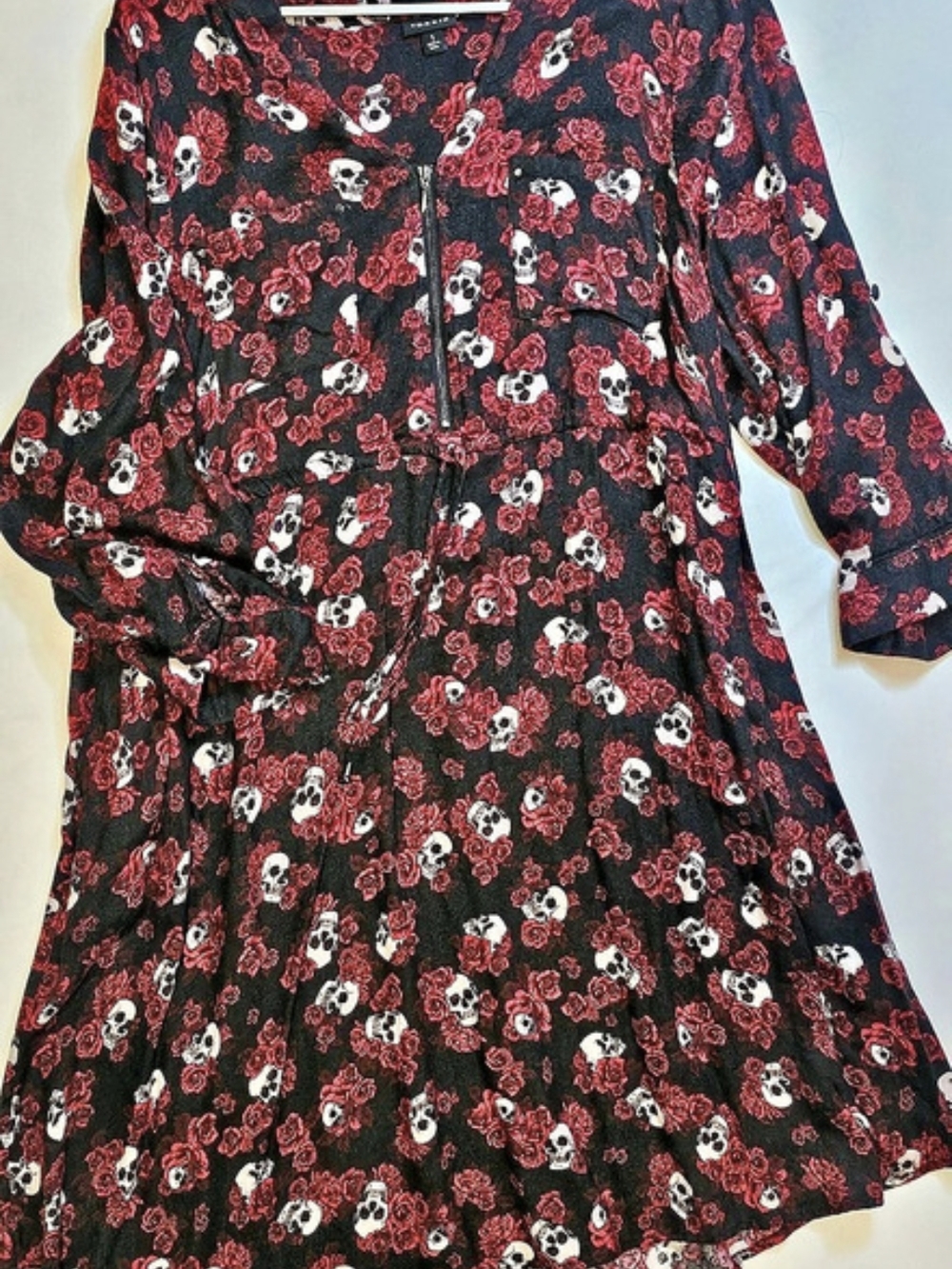 Torrid Skull Rose Zip-Front Challis Shirt Dress Floral Mini Dress Size 1